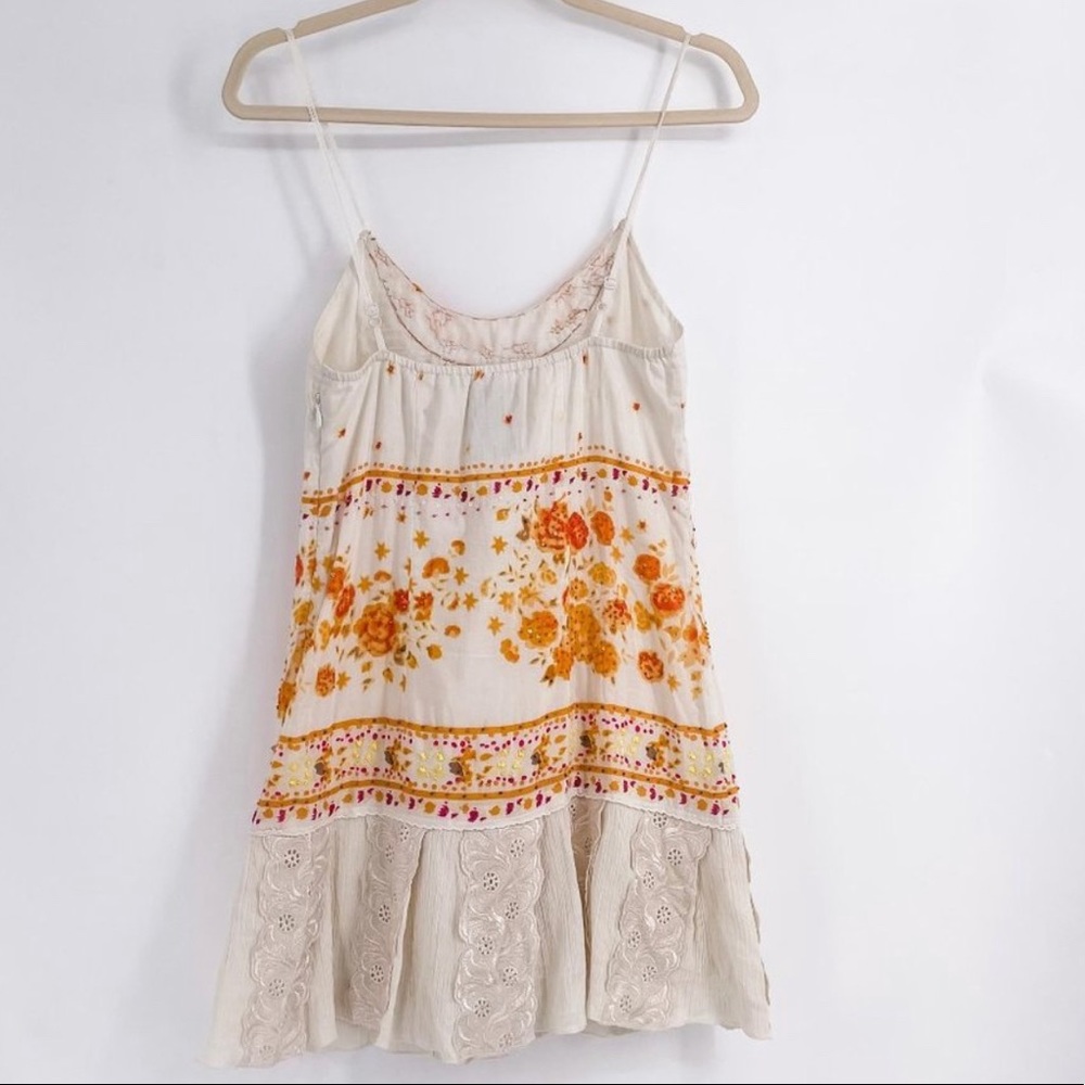 Free People Boho Beaded Sundress Mini Ivory Orange Embroidered Swing Dress Sz 0 - Picture 5 of 9